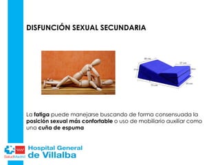 DISFUNCIÓN SEXUAL SECUNDARIA
La fatiga puede manejarse buscando de forma consensuada la
posición sexual más confortable o uso de mobiliario auxiliar como
una cuña de espuma
 