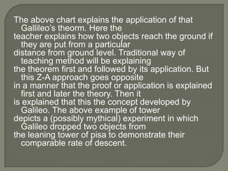 The above chart explains the application of that
  Gallileo’s theorm. Here the
teacher explains how two objects reach the ground if
  they are put from a particular
distance from ground level. Traditional way of
  teaching method will be explaining
the theorem first and followed by its application. But
  this Z-A approach goes opposite
in a manner that the proof or application is explained
  first and later the theory. Then it
is explained that this the concept developed by
  Galileo. The above example of tower
depicts a (possibly mythical) experiment in which
  Galileo dropped two objects from
the leaning tower of pisa to demonstrate their
  comparable rate of descent.
 