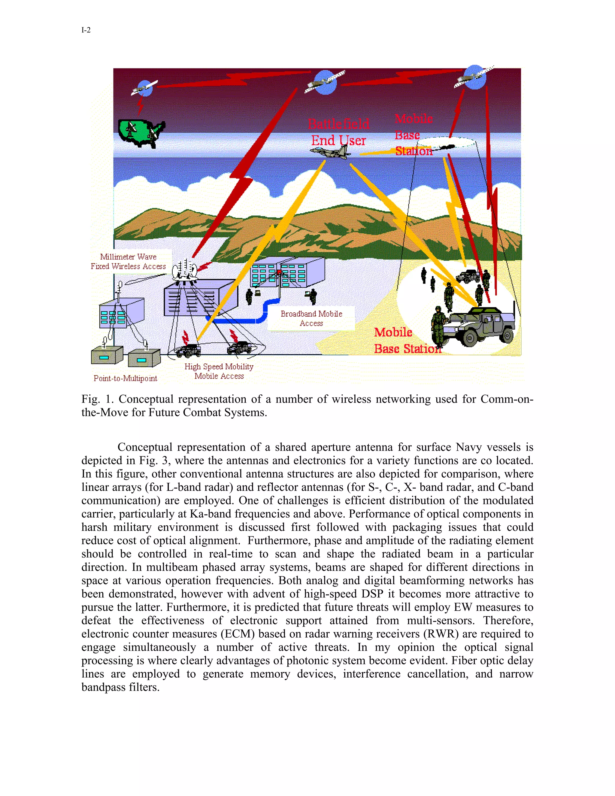 I-2




Fig. 1. Conceptual representation of a number of wireless networking used for Comm-on-
the-Move for Future Combat Systems.

         Conceptual representation of a shared aperture antenna for surface Navy vessels is
depicted in Fig. 3, where the antennas and electronics for a variety functions are co located.
In this figure, other conventional antenna structures are also depicted for comparison, where
linear arrays (for L-band radar) and reflector antennas (for S-, C-, X- band radar, and C-band
communication) are employed. One of challenges is efficient distribution of the modulated
carrier, particularly at Ka-band frequencies and above. Performance of optical components in
harsh military environment is discussed first followed with packaging issues that could
reduce cost of optical alignment. Furthermore, phase and amplitude of the radiating element
should be controlled in real-time to scan and shape the radiated beam in a particular
direction. In multibeam phased array systems, beams are shaped for different directions in
space at various operation frequencies. Both analog and digital beamforming networks has
been demonstrated, however with advent of high-speed DSP it becomes more attractive to
pursue the latter. Furthermore, it is predicted that future threats will employ EW measures to
defeat the effectiveness of electronic support attained from multi-sensors. Therefore,
electronic counter measures (ECM) based on radar warning receivers (RWR) are required to
engage simultaneously a number of active threats. In my opinion the optical signal
processing is where clearly advantages of photonic system become evident. Fiber optic delay
lines are employed to generate memory devices, interference cancellation, and narrow
bandpass filters.
 