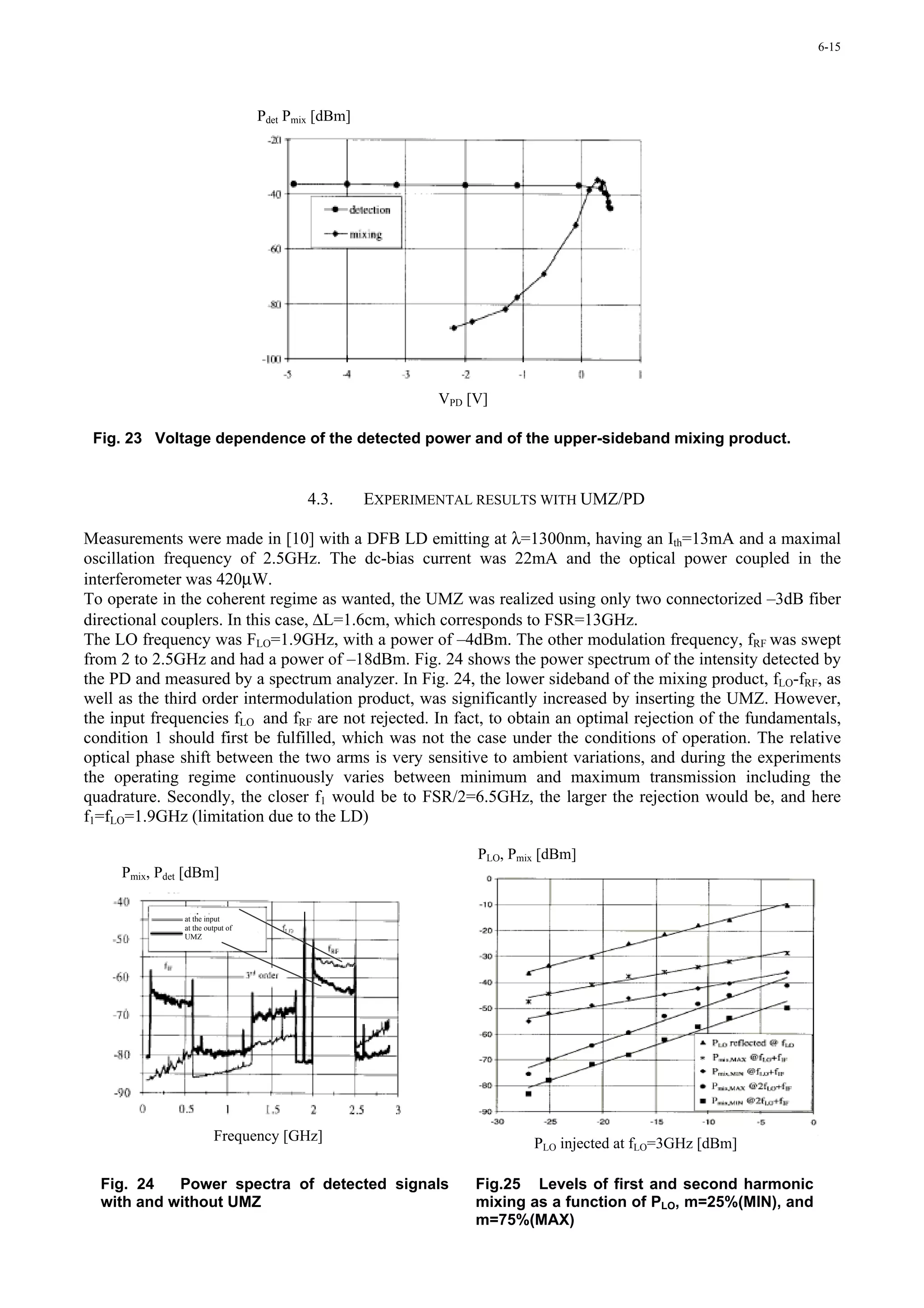 6-15




                                  Pdet Pmix [dBm]




                                                            VPD [V]

 Fig. 23 Voltage dependence of the detected power and of the upper-sideband mixing product.


                                          4.3.      EXPERIMENTAL RESULTS WITH UMZ/PD

Measurements were made in [10] with a DFB LD emitting at λ=1300nm, having an Ith=13mA and a maximal
oscillation frequency of 2.5GHz. The dc-bias current was 22mA and the optical power coupled in the
interferometer was 420µW.
To operate in the coherent regime as wanted, the UMZ was realized using only two connectorized –3dB fiber
directional couplers. In this case, ∆L=1.6cm, which corresponds to FSR=13GHz.
The LO frequency was FLO=1.9GHz, with a power of –4dBm. The other modulation frequency, fRF was swept
from 2 to 2.5GHz and had a power of –18dBm. Fig. 24 shows the power spectrum of the intensity detected by
the PD and measured by a spectrum analyzer. In Fig. 24, the lower sideband of the mixing product, fLO-fRF, as
well as the third order intermodulation product, was significantly increased by inserting the UMZ. However,
the input frequencies fLO and fRF are not rejected. In fact, to obtain an optimal rejection of the fundamentals,
condition 1 should first be fulfilled, which was not the case under the conditions of operation. The relative
optical phase shift between the two arms is very sensitive to ambient variations, and during the experiments
the operating regime continuously varies between minimum and maximum transmission including the
quadrature. Secondly, the closer f1 would be to FSR/2=6.5GHz, the larger the rejection would be, and here
f1=fLO=1.9GHz (limitation due to the LD)

                                                                 PLO, Pmix [dBm]
     Pmix, Pdet [dBm]

               at the input
               at the output of
               UMZ




                        Frequency [GHz]                                  PLO injected at fLO=3GHz [dBm]

  Fig. 24   Power spectra of detected signals                    Fig.25 Levels of first and second harmonic
  with and without UMZ                                           mixing as a function of PLO, m=25%(MIN), and
                                                                 m=75%(MAX)
 