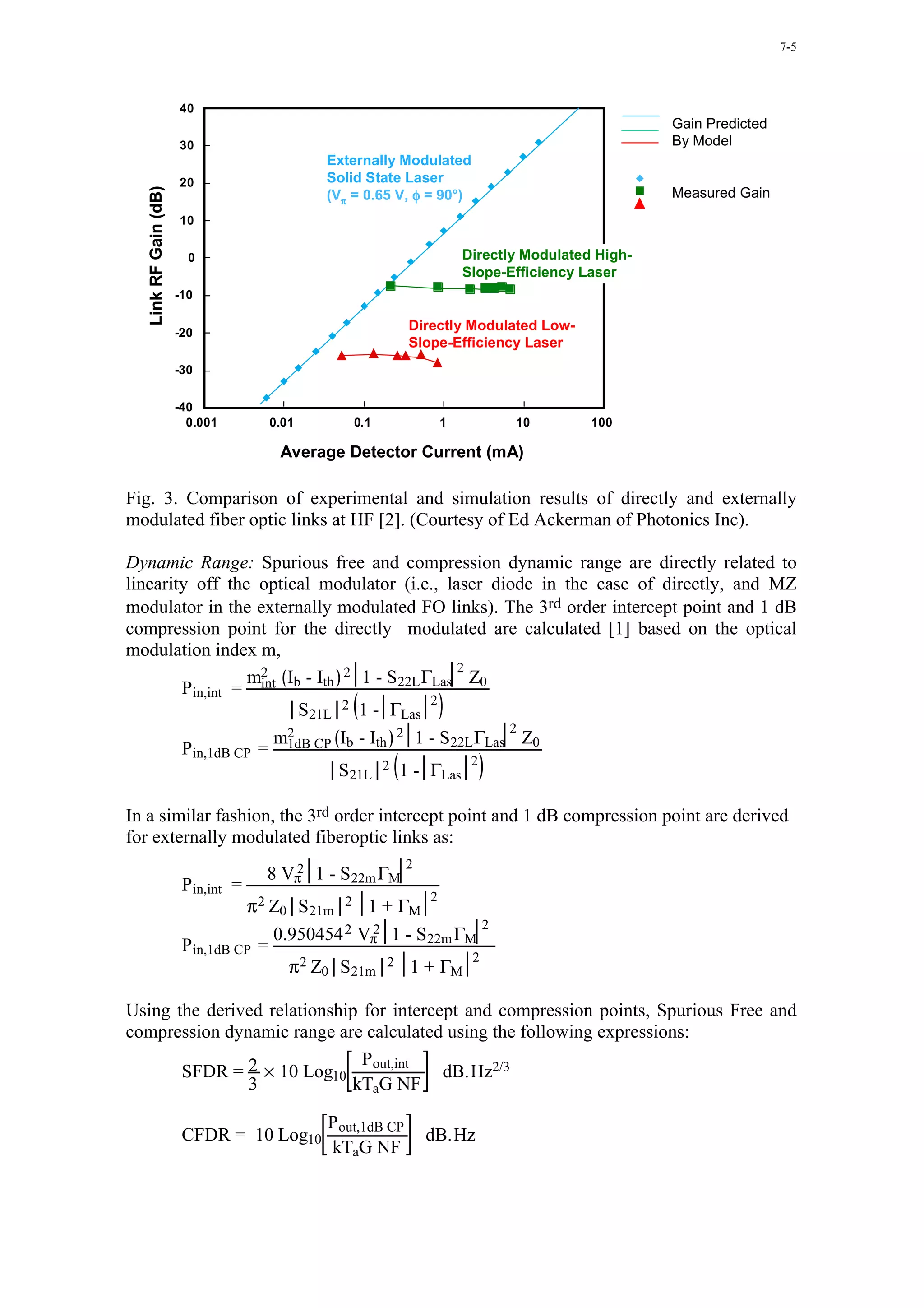 7-5



                       40
                                                                                                Gain Predicted
                       30                                                                       By Model
                                           Externally Modulated
                       20                  Solid State Laser
                                           (Vπ = 0.65 V, φ = 90°)
   LINK RF Gain (dB)

                                                                                                Measured Gain
   Link RF GAIN (dB)


                       10

                         0                                           Directly Modulated High-
                                                                     Slope-Efficiency Laser
                       -10


                       -20
                                                         Directly Modulated Low-
                                                         Slope-Efficiency Laser
                       -30


                       -40
                         0.001      0.01       0.1               1          10         100
                                    AVERAGE Detector Current (mA)
                                     Average DETECTOR CURRENT (mA)

Fig. 3. Comparison of experimental and simulation results of directly and externally
modulated fiber optic links at HF [2]. (Courtesy of Ed Ackerman of Photonics Inc).

Dynamic Range: Spurious free and compression dynamic range are directly related to
linearity off the optical modulator (i.e., laser diode in the case of directly, and MZ
modulator in the externally modulated FO links). The 3rd order intercept point and 1 dB
compression point for the directly modulated are calculated [1] based on the optical
modulation index m,
                                             2
                 m2 I - I 2 1 - S22L ΓLas Z0
        Pin,int = int b th
                                        2
                        S21L 2 1 - ΓLas
                                                   2
                     m2 CP Ib - Ith 2 1 - S22L ΓLas Z0
                      1dB
        Pin,1dB CP =
                                               2
                             S21L 2 1 - ΓLas

In a similar fashion, the 3rd order intercept point and 1 dB compression point are derived
for externally modulated fiberoptic links as:
                                                         2
                                    8 Vπ 1 - S22m ΓM
                                       2
                        Pin,int =
                                                             2
                                 π 2 Z0 S21m 2 1 + ΓM
                                                                2
                                     0.950454 2 Vπ 1 - S22m ΓM
                                                  2
                        Pin,1dB CP =
                                                              2
                                       π 2 Z0 S21m 2 1 + ΓM

Using the derived relationship for intercept and compression points, Spurious Free and
compression dynamic range are calculated using the following expressions:
                               Pout,int
       SFDR = 2 × 10 Log10                dB.Hz2/3
               3             kTaG NF

                                           Pout,1dB CP
                        CFDR = 10 Log10                      dB.Hz
                                           kTaG NF
 