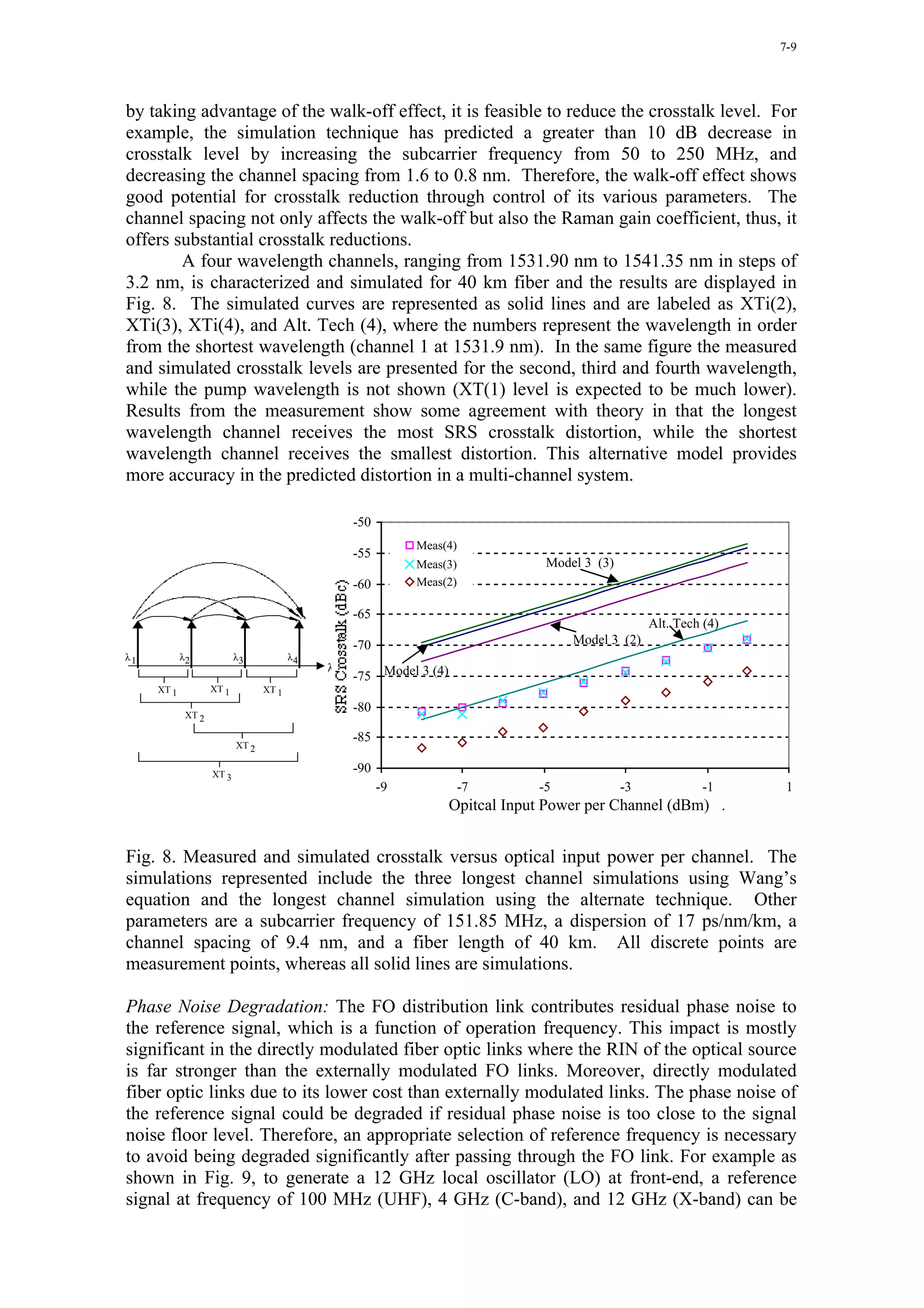7-9




by taking advantage of the walk-off effect, it is feasible to reduce the crosstalk level. For
example, the simulation technique has predicted a greater than 10 dB decrease in
crosstalk level by increasing the subcarrier frequency from 50 to 250 MHz, and
decreasing the channel spacing from 1.6 to 0.8 nm. Therefore, the walk-off effect shows
good potential for crosstalk reduction through control of its various parameters. The
channel spacing not only affects the walk-off but also the Raman gain coefficient, thus, it
offers substantial crosstalk reductions.
        A four wavelength channels, ranging from 1531.90 nm to 1541.35 nm in steps of
3.2 nm, is characterized and simulated for 40 km fiber and the results are displayed in
Fig. 8. The simulated curves are represented as solid lines and are labeled as XTi(2),
XTi(3), XTi(4), and Alt. Tech (4), where the numbers represent the wavelength in order
from the shortest wavelength (channel 1 at 1531.9 nm). In the same figure the measured
and simulated crosstalk levels are presented for the second, third and fourth wavelength,
while the pump wavelength is not shown (XT(1) level is expected to be much lower).
Results from the measurement show some agreement with theory in that the longest
wavelength channel receives the most SRS crosstalk distortion, while the shortest
wavelength channel receives the smallest distortion. This alternative model provides
more accuracy in the predicted distortion in a multi-channel system.

                                                  -50
                                                             Meas(4)
                                                  -55
                                                             Meas(3)             Model 3 (3)
                                                  -60        Meas(2)

                                                  -65
                                                                                                    Alt. Tech (4)
                                                  -70                                Model 3 (2)
λ1          λ2             λ3            λ4
                                              λ
                                                  -75 Model 3 (4)
     XT 1           XT 1          XT 1
                                                  -80
             XT 2

                                                  -85
                           XT 2


                    XT 3
                                                  -90
                                                        -9             -7       -5             -3            -1      1
                                                                    Opitcal Input Power per Channel (dBm) .


Fig. 8. Measured and simulated crosstalk versus optical input power per channel. The
simulations represented include the three longest channel simulations using Wang’s
equation and the longest channel simulation using the alternate technique. Other
parameters are a subcarrier frequency of 151.85 MHz, a dispersion of 17 ps/nm/km, a
channel spacing of 9.4 nm, and a fiber length of 40 km. All discrete points are
measurement points, whereas all solid lines are simulations.

Phase Noise Degradation: The FO distribution link contributes residual phase noise to
the reference signal, which is a function of operation frequency. This impact is mostly
significant in the directly modulated fiber optic links where the RIN of the optical source
is far stronger than the externally modulated FO links. Moreover, directly modulated
fiber optic links due to its lower cost than externally modulated links. The phase noise of
the reference signal could be degraded if residual phase noise is too close to the signal
noise floor level. Therefore, an appropriate selection of reference frequency is necessary
to avoid being degraded significantly after passing through the FO link. For example as
shown in Fig. 9, to generate a 12 GHz local oscillator (LO) at front-end, a reference
signal at frequency of 100 MHz (UHF), 4 GHz (C-band), and 12 GHz (X-band) can be
 