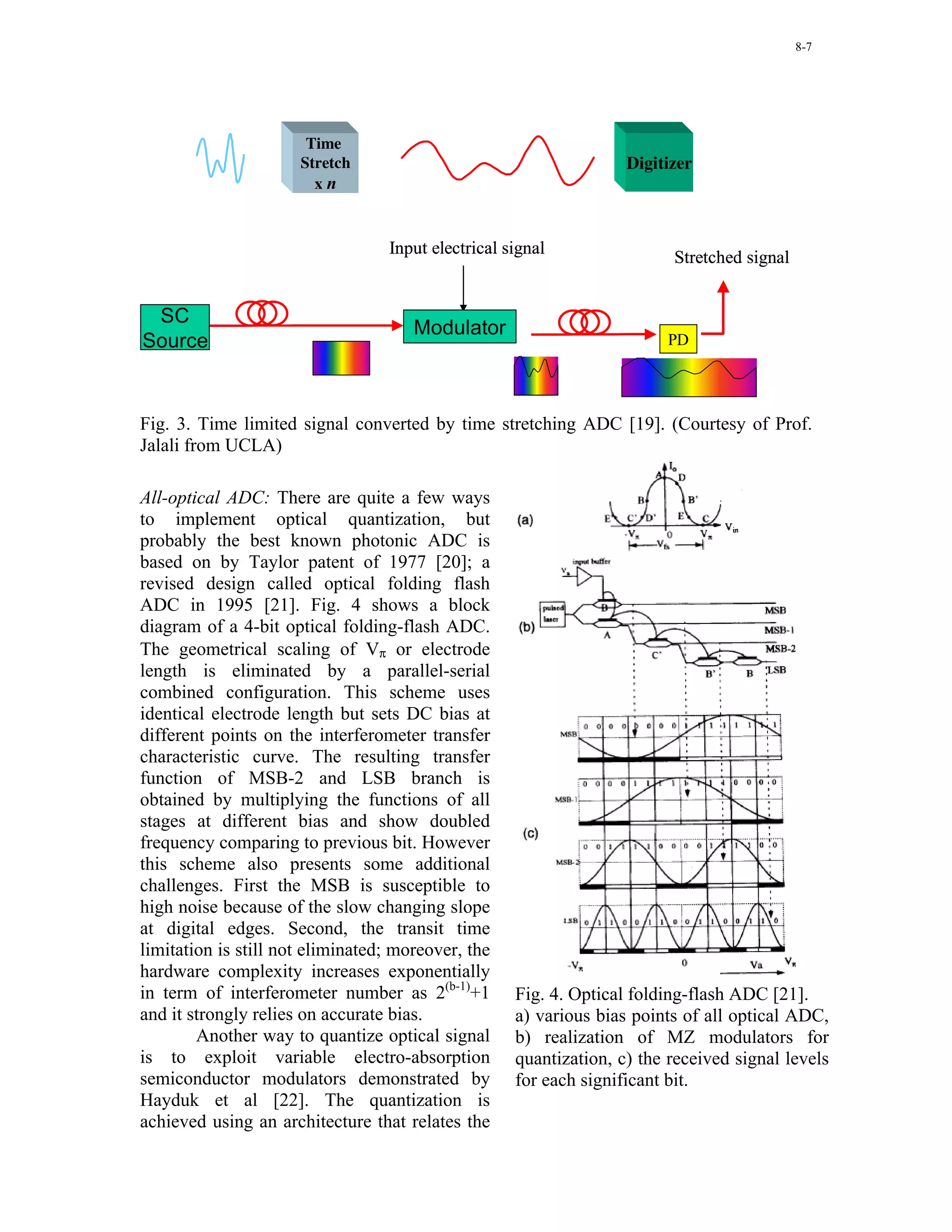 8-7




        BW = fin                                     BW = fin / n

                             Time
                            Stretch                                            Digitizer
                              xn
             Time
                                                                                     Stretched Signal



                        Frequency
                                                   Input Electrical
                                         Input electrical signal
                                                        Signal                       Stretched signal
        Dispersion                       BWChirp
                                                                      Dispersion
 SC                                   Time
                                             Modulator
Source                                                                              PD


                    Chirped Optical Pulse
Fig. 3. Time limited signal converted by time stretching ADC [19]. (Courtesy of Prof.
Jalali from UCLA)

All-optical ADC: There are quite a few ways
to implement optical quantization, but
probably the best known photonic ADC is
based on by Taylor patent of 1977 [20]; a
revised design called optical folding flash
ADC in 1995 [21]. Fig. 4 shows a block
diagram of a 4-bit optical folding-flash ADC.
The geometrical scaling of Vπ or electrode
length is eliminated by a parallel-serial
combined configuration. This scheme uses
identical electrode length but sets DC bias at
different points on the interferometer transfer
characteristic curve. The resulting transfer
function of MSB-2 and LSB branch is
obtained by multiplying the functions of all
stages at different bias and show doubled
frequency comparing to previous bit. However
this scheme also presents some additional
challenges. First the MSB is susceptible to
high noise because of the slow changing slope
at digital edges. Second, the transit time
limitation is still not eliminated; moreover, the
hardware complexity increases exponentially
in term of interferometer number as 2(b-1)+1                 Fig. 4. Optical folding-flash ADC [21].
and it strongly relies on accurate bias.                     a) various bias points of all optical ADC,
        Another way to quantize optical signal               b) realization of MZ modulators for
is to exploit variable electro-absorption                    quantization, c) the received signal levels
semiconductor modulators demonstrated by                     for each significant bit.
Hayduk et al [22]. The quantization is
achieved using an architecture that relates the
 