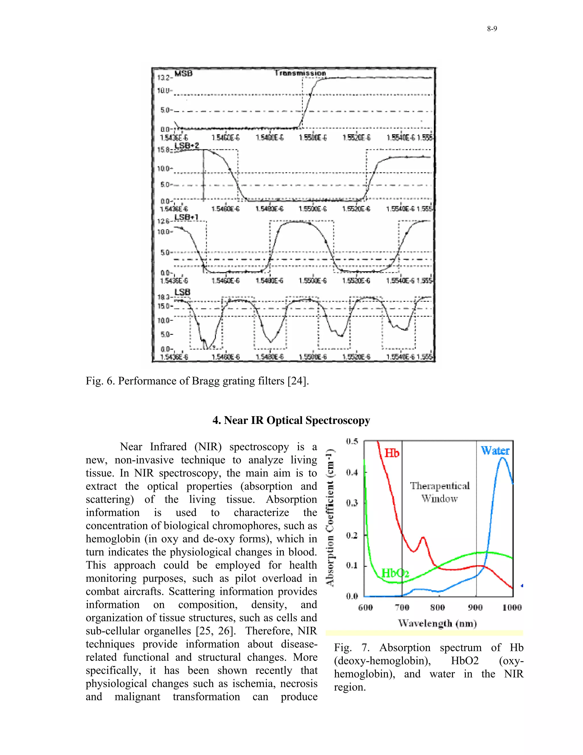 8-9




Fig. 6. Performance of Bragg grating filters [24].


                            4. Near IR Optical Spectroscopy

        Near Infrared (NIR) spectroscopy is a
new, non-invasive technique to analyze living
tissue. In NIR spectroscopy, the main aim is to
extract the optical properties (absorption and
scattering) of the living tissue. Absorption
information is used to characterize the
concentration of biological chromophores, such as
hemoglobin (in oxy and de-oxy forms), which in
turn indicates the physiological changes in blood.
This approach could be employed for health
monitoring purposes, such as pilot overload in
combat aircrafts. Scattering information provides
information on composition, density, and
organization of tissue structures, such as cells and
sub-cellular organelles [25, 26]. Therefore, NIR
techniques provide information about disease-          Fig. 7. Absorption spectrum of Hb
related functional and structural changes. More        (deoxy-hemoglobin),  HbO2     (oxy-
specifically, it has been shown recently that          hemoglobin), and water in the NIR
physiological changes such as ischemia, necrosis       region.
and malignant transformation can produce
 