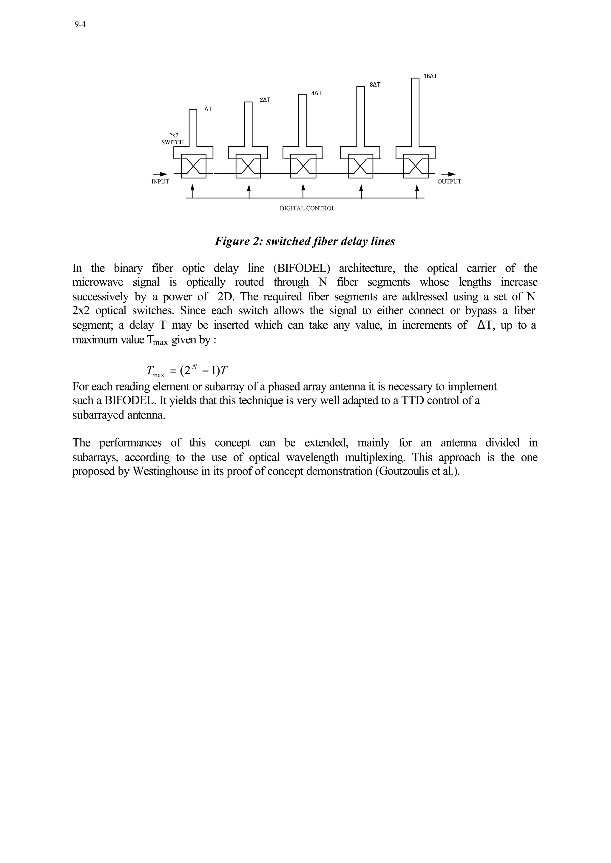 9-4




                                                                           16∆Τ
                                                                  8∆Τ
                                                        4∆Τ
                                          2∆Τ
                            ∆Τ



                     2x2
                   SWITCH




                INPUT                                                             OUTPUT



                                                DIGITAL CONTROL




                                 Figure 2: switched fiber delay lines

In the binary fiber optic delay line (BIFODEL) architecture, the optical carrier of the
microwave signal is optically routed through N fiber segments whose lengths increase
successively by a power of 2D. The required fiber segments are addressed using a set of N
2x2 optical switches. Since each switch allows the signal to either connect or bypass a fiber
segment; a delay T may be inserted which can take any value, in increments of ∆T, up to a
maximum value Tmax given by :

               Tmax = ( 2 N − 1)T
For each reading element or subarray of a phased array antenna it is necessary to implement
such a BIFODEL. It yields that this technique is very well adapted to a TTD control of a
subarrayed antenna.

The performances of this concept can be extended, mainly for an antenna divided in
subarrays, according to the use of optical wavelength multiplexing. This approach is the one
proposed by Westinghouse in its proof of concept demonstration (Goutzoulis et al,).
 