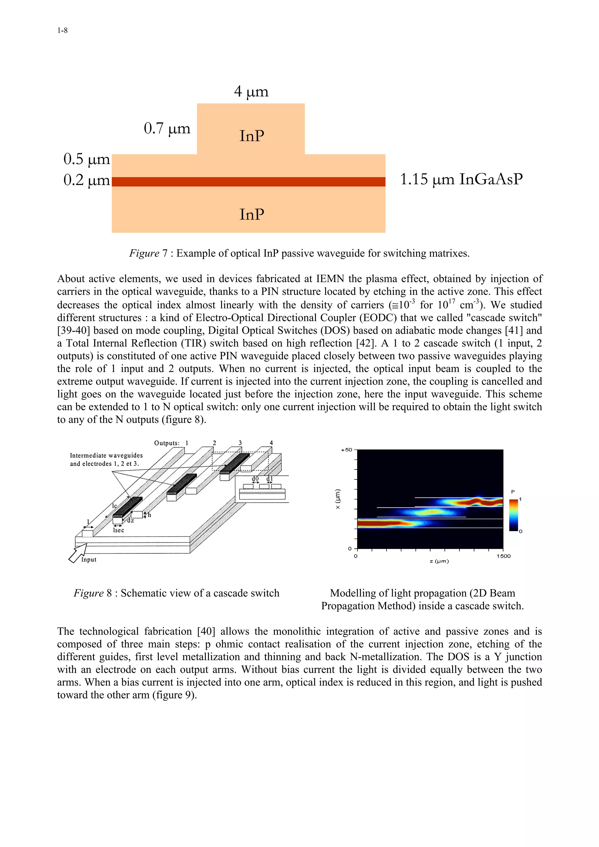 1-8




                                         4 µm

                     0.7 µm               InP
 0.5 µm
 0.2 µm                                                                        1.15 µm InGaAsP

                                          InP

                  Figure 7 : Example of optical InP passive waveguide for switching matrixes.

About active elements, we used in devices fabricated at IEMN the plasma effect, obtained by injection of
carriers in the optical waveguide, thanks to a PIN structure located by etching in the active zone. This effect
decreases the optical index almost linearly with the density of carriers (≅10-3 for 1017 cm-3). We studied
different structures : a kind of Electro-Optical Directional Coupler (EODC) that we called "cascade switch"
[39-40] based on mode coupling, Digital Optical Switches (DOS) based on adiabatic mode changes [41] and
a Total Internal Reflection (TIR) switch based on high reflection [42]. A 1 to 2 cascade switch (1 input, 2
outputs) is constituted of one active PIN waveguide placed closely between two passive waveguides playing
the role of 1 input and 2 outputs. When no current is injected, the optical input beam is coupled to the
extreme output waveguide. If current is injected into the current injection zone, the coupling is cancelled and
light goes on the waveguide located just before the injection zone, here the input waveguide. This scheme
can be extended to 1 to N optical switch: only one current injection will be required to obtain the light switch
to any of the N outputs (figure 8).




      Figure 8 : Schematic view of a cascade switch           Modelling of light propagation (2D Beam
                                                            Propagation Method) inside a cascade switch.

The technological fabrication [40] allows the monolithic integration of active and passive zones and is
composed of three main steps: p ohmic contact realisation of the current injection zone, etching of the
different guides, first level metallization and thinning and back N-metallization. The DOS is a Y junction
with an electrode on each output arms. Without bias current the light is divided equally between the two
arms. When a bias current is injected into one arm, optical index is reduced in this region, and light is pushed
toward the other arm (figure 9).
 