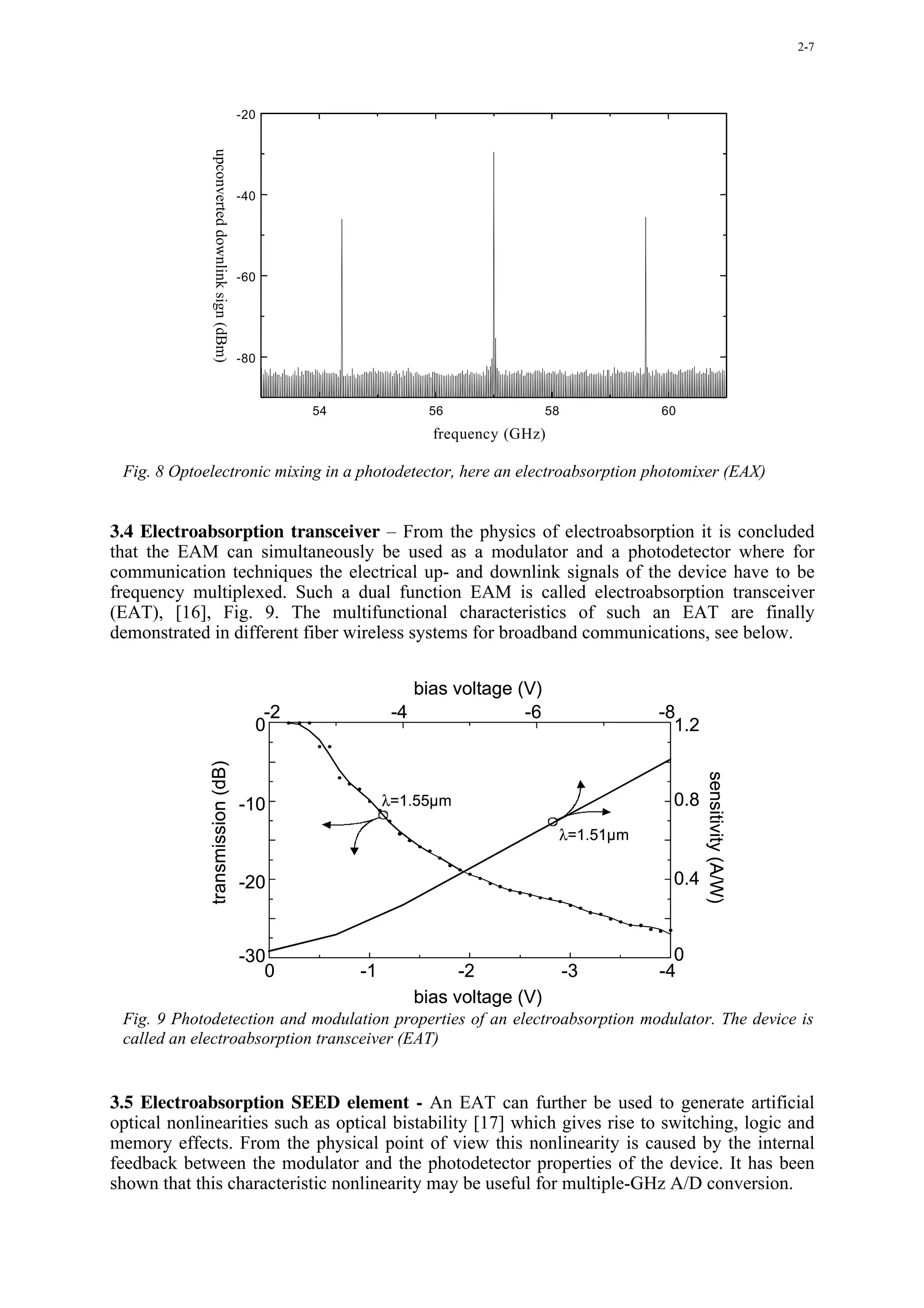 2-7




                                                - 20




              upconverted downlink sign (dBm)
                                                - 40




                                                - 60




                                                - 80



                                                         54             56                58          60
                                                                         frequency (GHz)

 Fig. 8 Optoelectronic mixing in a photodetector, here an electroabsorption photomixer (EAX)


3.4 Electroabsorption transceiver – From the physics of electroabsorption it is concluded
that the EAM can simultaneously be used as a modulator and a photodetector where for
communication techniques the electrical up- and downlink signals of the device have to be
frequency multiplexed. Such a dual function EAM is called electroabsorption transceiver
(EAT), [16], Fig. 9. The multifunctional characteristics of such an EAT are finally
demonstrated in different fiber wireless systems for broadband communications, see below.


                                                                       bias voltage (V)
                                                    -2              -4               -6               -8
                                                   0                                                    1.2
             transmission (dB)




                                                                                                              sensitivity (A/W)
                                                                                                              sensitivity (A/W)




                                                -10                λ=1.55µm                            0.8
                                                                                           λ=1.51µm


                                                -20                                                    0.4



                                                -30                                                     0
                                                   0          -1            -2                 -3     -4
                                                                      bias voltage (V)
 Fig. 9 Photodetection and modulation properties of an electroabsorption modulator. The device is
 called an electroabsorption transceiver (EAT)


3.5 Electroabsorption SEED element - An EAT can further be used to generate artificial
optical nonlinearities such as optical bistability [17] which gives rise to switching, logic and
memory effects. From the physical point of view this nonlinearity is caused by the internal
feedback between the modulator and the photodetector properties of the device. It has been
shown that this characteristic nonlinearity may be useful for multiple-GHz A/D conversion.
 