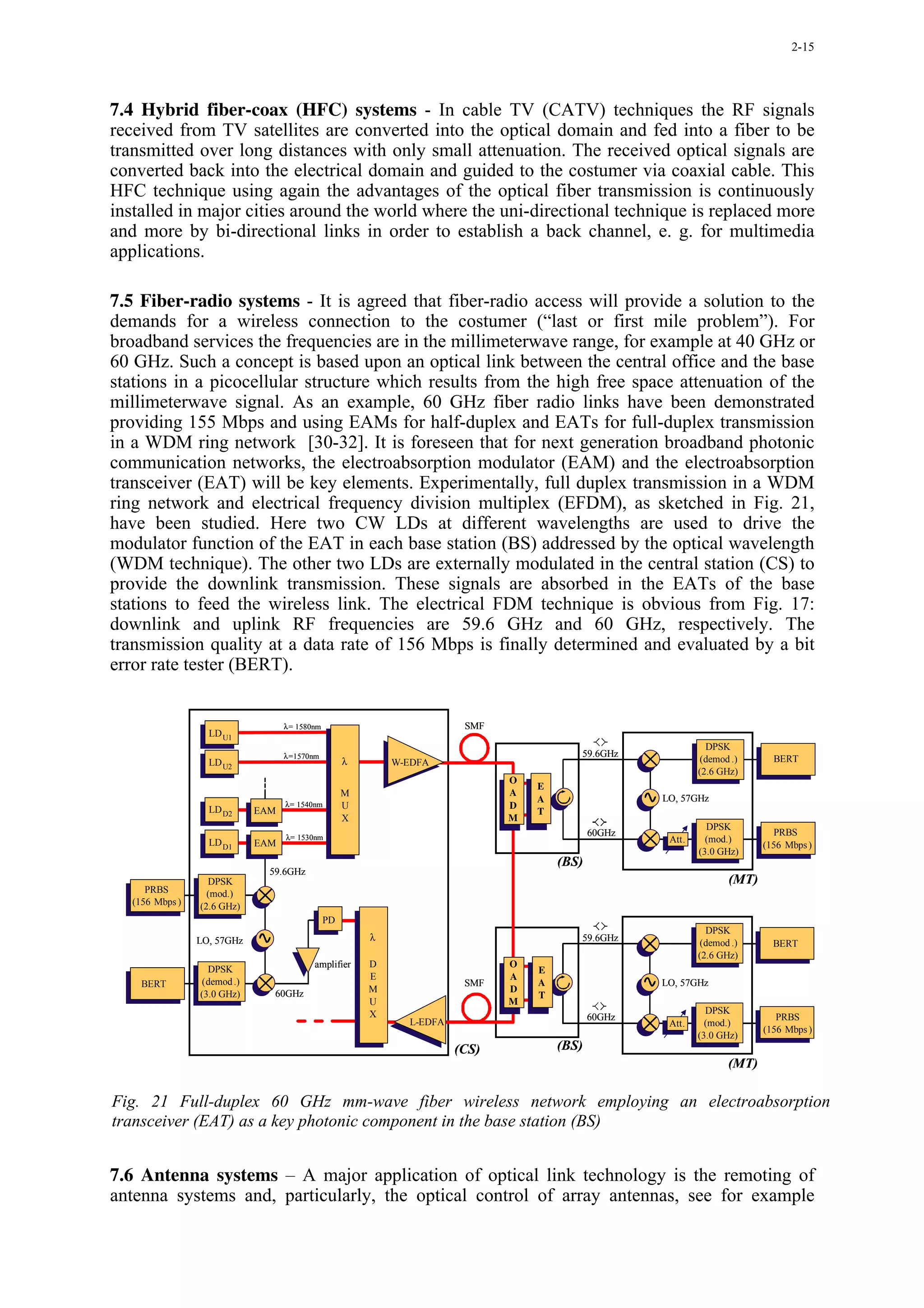 2-15




7.4 Hybrid fiber-coax (HFC) systems - In cable TV (CATV) techniques the RF signals
received from TV satellites are converted into the optical domain and fed into a fiber to be
transmitted over long distances with only small attenuation. The received optical signals are
converted back into the electrical domain and guided to the costumer via coaxial cable. This
HFC technique using again the advantages of the optical fiber transmission is continuously
installed in major cities around the world where the uni-directional technique is replaced more
and more by bi-directional links in order to establish a back channel, e. g. for multimedia
applications.

7.5 Fiber-radio systems - It is agreed that fiber-radio access will provide a solution to the
demands for a wireless connection to the costumer (“last or first mile problem”). For
broadband services the frequencies are in the millimeterwave range, for example at 40 GHz or
60 GHz. Such a concept is based upon an optical link between the central office and the base
stations in a picocellular structure which results from the high free space attenuation of the
millimeterwave signal. As an example, 60 GHz fiber radio links have been demonstrated
providing 155 Mbps and using EAMs for half-duplex and EATs for full-duplex transmission
in a WDM ring network [30-32]. It is foreseen that for next generation broadband photonic
communication networks, the electroabsorption modulator (EAM) and the electroabsorption
transceiver (EAT) will be key elements. Experimentally, full duplex transmission in a WDM
ring network and electrical frequency division multiplex (EFDM), as sketched in Fig. 21,
have been studied. Here two CW LDs at different wavelengths are used to drive the
modulator function of the EAT in each base station (BS) addressed by the optical wavelength
(WDM technique). The other two LDs are externally modulated in the central station (CS) to
provide the downlink transmission. These signals are absorbed in the EATs of the base
stations to feed the wireless link. The electrical FDM technique is obvious from Fig. 17:
downlink and uplink RF frequencies are 59.6 GHz and 60 GHz, respectively. The
transmission quality at a data rate of 156 Mbps is finally determined and evaluated by a bit
error rate tester (BERT).


                                    λ= 1580nm                            SMF
                   LD U1
                                                                                                                DPSK
                                    λ=1570nm                                              59.6GHz
                   LD U2                             λ       W-EDFA                                            (demod .)      BERT
                                                                                                              (2.6 GHz)
                                                                               O
                                                                                   E
                                                     M                         A
                                    λ= 1540nm
                                                                                   A                  LO, 57GHz
                                                     U                         D
                   LD D2      EAM                                                  T
                                                     X                         M
                                                                                                                DPSK
                                    λ= 1530nm
                                                                                              60GHz                           PRBS
                   LD D1      EAM                                                                      Att.     (mod.)
                                                                                                                            (156 Mbps )
                                                                                                              (3.0 GHz)
                                                                                       (BS)
                                59.6GHz
                   DPSK                                                                                              (MT)
      PRBS         (mod.)
   (156 Mbps )   (2.6 GHz)
                                                PD
                                                                                                                DPSK
                 LO, 57GHz                               λ                                59.6GHz              (demod .)      BERT
                                                                                                              (2.6 GHz)
                                           amplifier     D                     O
                   DPSK                                                            E
                                                         E                     A
     BERT         (demod .)                                              SMF       A                  LO, 57GHz
                                                         M                     D
                 (3.0 GHz)       60GHz                                             T
                                                         U                     M
                                                         X                                                      DPSK
                                                                                              60GHz                            PRBS
                                                               L-EDFA                                  Att.     (mod.)
                                                                                                                            (156 Mbps )
                                                                                                              (3.0 GHz)
                                                                        (CS)           (BS)
                                                                                                                     (MT)

Fig. 21 Full-duplex 60 GHz mm-wave fiber wireless network employing an electroabsorption
transceiver (EAT) as a key photonic component in the base station (BS)


7.6 Antenna systems – A major application of optical link technology is the remoting of
antenna systems and, particularly, the optical control of array antennas, see for example
 