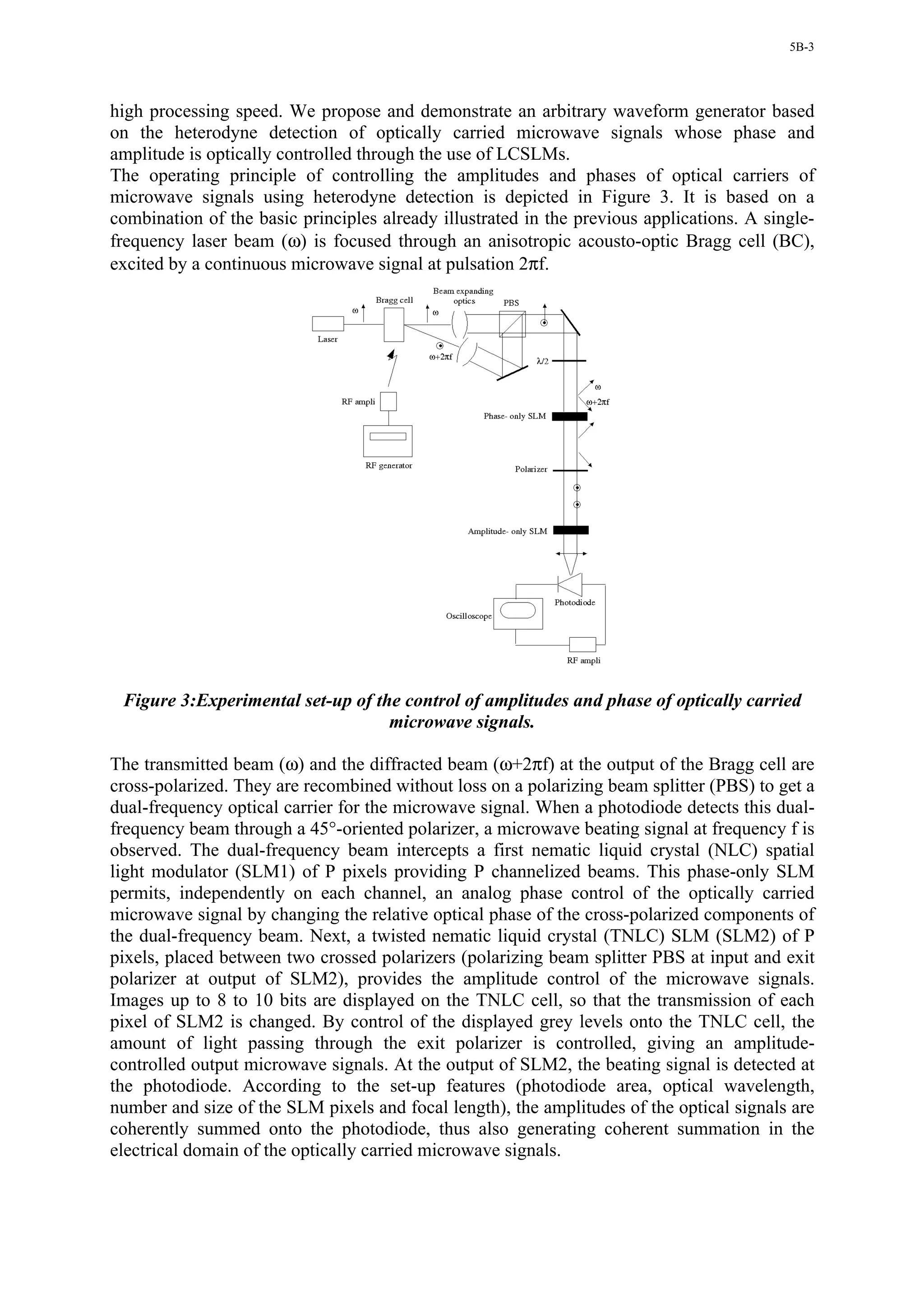 5B-3




high processing speed. We propose and demonstrate an arbitrary waveform generator based
on the heterodyne detection of optically carried microwave signals whose phase and
amplitude is optically controlled through the use of LCSLMs.
The operating principle of controlling the amplitudes and phases of optical carriers of
microwave signals using heterodyne detection is depicted in Figure 3. It is based on a
combination of the basic principles already illustrated in the previous applications. A single-
frequency laser beam (ω) is focused through an anisotropic acousto-optic Bragg cell (BC),
excited by a continuous microwave signal at pulsation 2πf.




 Figure 3:Experimental set-up of the control of amplitudes and phase of optically carried
                                   microwave signals.

The transmitted beam (ω) and the diffracted beam (ω+2πf) at the output of the Bragg cell are
cross-polarized. They are recombined without loss on a polarizing beam splitter (PBS) to get a
dual-frequency optical carrier for the microwave signal. When a photodiode detects this dual-
frequency beam through a 45°-oriented polarizer, a microwave beating signal at frequency f is
observed. The dual-frequency beam intercepts a first nematic liquid crystal (NLC) spatial
light modulator (SLM1) of P pixels providing P channelized beams. This phase-only SLM
permits, independently on each channel, an analog phase control of the optically carried
microwave signal by changing the relative optical phase of the cross-polarized components of
the dual-frequency beam. Next, a twisted nematic liquid crystal (TNLC) SLM (SLM2) of P
pixels, placed between two crossed polarizers (polarizing beam splitter PBS at input and exit
polarizer at output of SLM2), provides the amplitude control of the microwave signals.
Images up to 8 to 10 bits are displayed on the TNLC cell, so that the transmission of each
pixel of SLM2 is changed. By control of the displayed grey levels onto the TNLC cell, the
amount of light passing through the exit polarizer is controlled, giving an amplitude-
controlled output microwave signals. At the output of SLM2, the beating signal is detected at
the photodiode. According to the set-up features (photodiode area, optical wavelength,
number and size of the SLM pixels and focal length), the amplitudes of the optical signals are
coherently summed onto the photodiode, thus also generating coherent summation in the
electrical domain of the optically carried microwave signals.
 