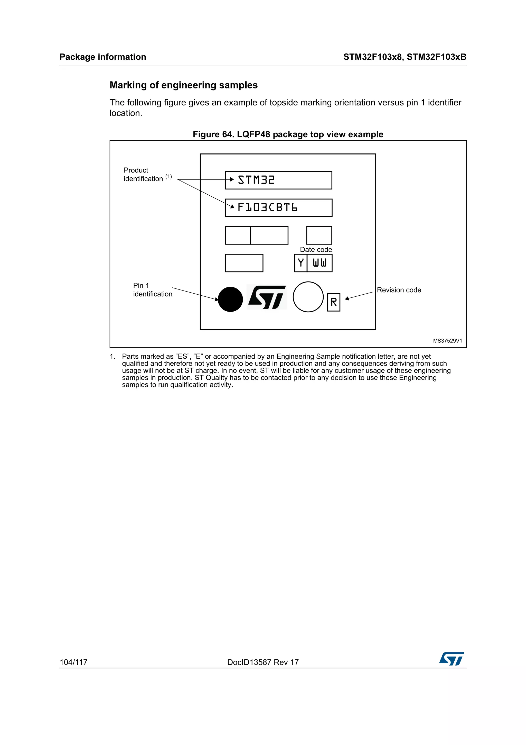 Package information STM32F103x8, STM32F103xB
104/117 DocID13587 Rev 17
Marking of engineering samples
The following figure gives an example of topside marking orientation versus pin 1 identifier
location.
Figure 64. LQFP48 package top view example
1. Parts marked as “ES”, “E” or accompanied by an Engineering Sample notification letter, are not yet
qualified and therefore not yet ready to be used in production and any consequences deriving from such
usage will not be at ST charge. In no event, ST will be liable for any customer usage of these engineering
samples in production. ST Quality has to be contacted prior to any decision to use these Engineering
samples to run qualification activity.
 