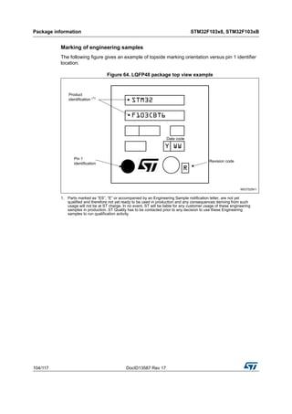 Package information STM32F103x8, STM32F103xB
104/117 DocID13587 Rev 17
Marking of engineering samples
The following figure gives an example of topside marking orientation versus pin 1 identifier
location.
Figure 64. LQFP48 package top view example
1. Parts marked as “ES”, “E” or accompanied by an Engineering Sample notification letter, are not yet
qualified and therefore not yet ready to be used in production and any consequences deriving from such
usage will not be at ST charge. In no event, ST will be liable for any customer usage of these engineering
samples in production. ST Quality has to be contacted prior to any decision to use these Engineering
samples to run qualification activity.
 