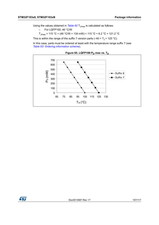 DocID13587 Rev 17 107/117
STM32F103x8, STM32F103xB Package information
116
Using the values obtained in Table 62 TJmax is calculated as follows:
– For LQFP100, 46 °C/W
TJmax = 115 °C + (46 °C/W × 134 mW) = 115 °C + 6.2 °C = 121.2 °C
This is within the range of the suffix 7 version parts (–40 < TJ < 125 °C).
In this case, parts must be ordered at least with the temperature range suffix 7 (see
Table 63: Ordering information scheme).
Figure 65. LQFP100 PD max vs. TA
0
100
200
300
400
500
600
700
65 75 85 95 105 115 125 135
TA (°C)
PD(mW)
Suffix 6
Suffix 7
 