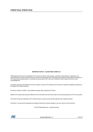 DocID13587 Rev 17 117/117
STM32F103x8, STM32F103xB
117
IMPORTANT NOTICE – PLEASE READ CAREFULLY
STMicroelectronics NV and its subsidiaries (“ST”) reserve the right to make changes, corrections, enhancements, modifications, and
improvements to ST products and/or to this document at any time without notice. Purchasers should obtain the latest relevant information on
ST products before placing orders. ST products are sold pursuant to ST’s terms and conditions of sale in place at the time of order
acknowledgement.
Purchasers are solely responsible for the choice, selection, and use of ST products and ST assumes no liability for application assistance or
the design of Purchasers’ products.
No license, express or implied, to any intellectual property right is granted by ST herein.
Resale of ST products with provisions different from the information set forth herein shall void any warranty granted by ST for such product.
ST and the ST logo are trademarks of ST. All other product or service names are the property of their respective owners.
Information in this document supersedes and replaces information previously supplied in any prior versions of this document.
© 2015 STMicroelectronics – All rights reserved
 