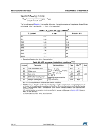 Electrical characteristics STM32F103x8, STM32F103xB
76/117 DocID13587 Rev 17
Equation 1: RAIN max formula:
The formula above (Equation 1) is used to determine the maximum external impedance allowed for an
error below 1/4 of LSB. Here N = 12 (from 12-bit resolution).
Table 47. RAIN max for fADC = 14 MHz(1)
1. Guaranteed based on test during characterization.
Ts (cycles) tS (µs) RAIN max (kΩ)
1.5 0.11 0.4
7.5 0.54 5.9
13.5 0.96 11.4
28.5 2.04 25.2
41.5 2.96 37.2
55.5 3.96 50
71.5 5.11 NA
239.5 17.1 NA
Table 48. ADC accuracy - limited test conditions(1) (2)
1. ADC DC accuracy values are measured after internal calibration.
2. ADC Accuracy vs. Negative Injection Current: Injecting a negative current on any analog input pins should
be avoided as this significantly reduces the accuracy of the conversion being performed on another analog
input. It is recommended to add a Schottky diode (pin to ground) to analog pins which may potentially inject
negative currents.
Any positive injection current within the limits specified for IINJ(PIN) and ΣIINJ(PIN) in Section 5.3.12 does not
affect the ADC accuracy.
Symbol Parameter Test conditions Typ Max(3)
3. Guaranteed based on test during characterization.
Unit
ET Total unadjusted error fPCLK2 = 56 MHz,
fADC = 14 MHz, RAIN < 10 kΩ,
VDDA = 3 V to 3.6 V
TA = 25 °C
Measurements made after
ADC calibration
±1.3 ±2
LSB
EO Offset error ±1 ±1.5
EG Gain error ±0.5 ±1.5
ED Differential linearity error ±0.7 ±1
EL Integral linearity error ±0.8 ±1.5
RAIN
TS
fADC CADC 2
N 2+
( )ln××
---------------------------------------------------------------- RADC–<
 