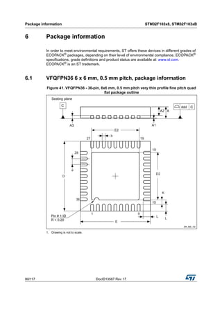 Package information STM32F103x8, STM32F103xB
80/117 DocID13587 Rev 17
6 Package information
In order to meet environmental requirements, ST offers these devices in different grades of
ECOPACK®
packages, depending on their level of environmental compliance. ECOPACK®
specifications, grade definitions and product status are available at: www.st.com.
ECOPACK®
is an ST trademark.
6.1 VFQFPN36 6 x 6 mm, 0.5 mm pitch, package information
Figure 41. VFQFPN36 - 36-pin, 6x6 mm, 0.5 mm pitch very thin profile fine pitch quad
flat package outline
1. Drawing is not to scale.
 