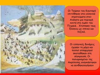 Οι Τούρκοι του Κιουταχή
επιτέθηκαν στα ελληνικά
στρατεύματα στον
Ανάλατο μια περιοχή
κοντά στο λιμάνι του
Πειραιά. . Χτύπησαν τους
Έλληνες με ιππικό και
πεζικό.
Οι ελληνικές δυνάμεις
έχασαν τη μάχη και
πολλοί οπλαρχηγοί
σκοτώθηκαν στη
σύγκρουση. Οι
πολιορκημένοι της
Ακρόπολης αναγκάστηκαν
να συνθηκολογήοσυν
 