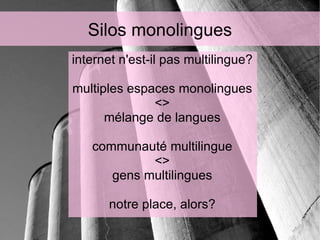 Silos monolingues <ul><ul><li>internet n'est-il pas multilingue? </li></ul></ul><ul><ul><li>multiples espaces monolingues ...
