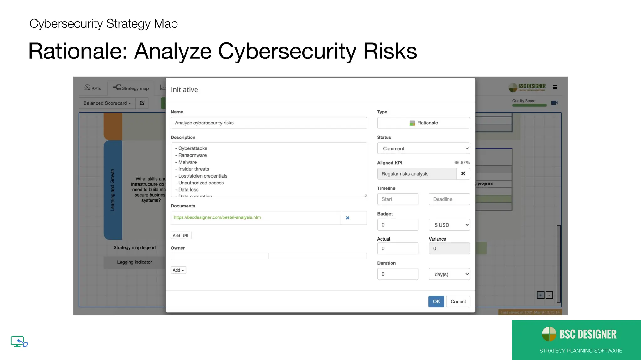 STRATEGY PLANNING SOFTWARE
Rationale: Analyze Cybersecurity Risks
Cybersecurity Strategy Map
 
