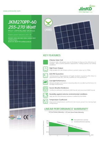 Power
Warranty
PID-FREE
2400 Pa
5400 Pa
RESISTANT
LOW LIGHT
CLIMATE
DURABILITY
www.jinkosolar.com
KEY FEATURES
Polycrystalline 60-cell module achieves a power output up to 270Wp.
JKM270PP-60
Positive power tolerance of 0/+3%
255-270 Watt
POLY CRYSTALLINE MODULE
ISO9001:2008、ISO14001:2004、OHSAS18001
certified factory.
IEC61215、IEC61730 certified products.
High Power Output:
Limited power degradation of Eagle module caused by PID effect is
guaranteed under 60℃/85% RH condition for mass production.
Anti-PID Guarantee:
Advanced glass and surface texturing allow for excellent performance in
low-light environments.
Low-light Performance:
Certified to withstand: wind load (2400 Pascal) and snow load (5400 Pascal).
Severe Weather Resilience:
High salt mist and ammonia resistance certified by TUV NORD.
Durability against extreme environmental conditions:
Improved temperature coefficient decreases power loss during high
temperatures.
Temperature Coefficient:
4 Busbar Solar Cell:
4 busbar solar cell adopts new technology to improve the efficiency of
modules , offers a better aesthetic appearance, making it perfect for rooftop
installation.
MCS
(4BB)
LINEAR PERFORMANCE WARRANTY
10 Year Product Warranty 25 Year Linear Power Warranty
80.7%
90.%
95.%
97.5%
100%
1 5 12 25
years
GuaranteedPowerPerformance
linear performance warranty
Standard performance warrantyAdditional value from Jinko Solar’s linear warranty
 