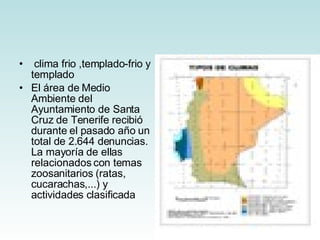 clima frio ,templado-frio y templado  El área de Medio Ambiente del Ayuntamiento de Santa Cruz de Tenerife recibió durante el pasado año un total de 2.644 denuncias. La mayoría de ellas relacionados con temas zoosanitarios (ratas, cucarachas,...) y actividades clasificada    