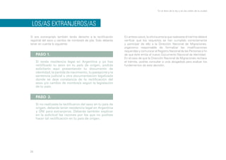 En la letra de la ley y en las calles de la ciudad

LOS/AS EXTRANJEROS/AS
Si sos extranjera/o también tenés derecho a la rectificación
registral del sexo y cambio de nombre/s de pila. Solo deberás
tener en cuenta lo siguiente:

PASO 1.
Si tenés residencia legal en Argentina y ya has
rectificado tu sexo en tu país de origen, podrás
solicitarlo aquí presentando tu documento de
identidad, la partida de nacimiento, tu pasaporte y la
sentencia judicial u otra documentación legalizada
donde se deje constancia de la rectificación del
sexo y/o cambio de nombre/s según la legislación
de tu país.

PASO 2.
Si no realizaste la rectificaron del sexo en tu país de
origen, deberás tener residencia legal en Argentina
y DNI para extranjeros. Deberás también explicar
en la solicitud las razones por las que no pudiste
hacer tal rectificación en tu país de origen.

25

En ambos casos, la oficina ante la que realizaste el trámite deberá
verificar que los requisitos se han cumplido correctamente
y participar de ello a la Dirección Nacional de Migraciones,
organismo responsable de formalizar las modificaciones
requeridas y comunicar al Registro Nacional de las Personas a fin
de que éste emita el nuevo Documento Nacional de Identidad.
En el caso de que la Dirección Nacional de Migraciones rechace
el trámite, podrás consultar a un/a abogado/a para evaluar los
fundamentos de esta decisión.

 