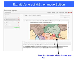 Extrait d’une activité : en mode é dition

Insertion de texte, vidé o, image, son,
etc.

 
