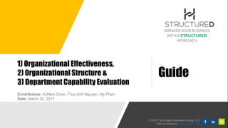 MANAGEYOUR BUSINESS
WITHA STRUCTURED
APPROACH
© 2017 Structured Business Group, LLC
Visit us online at thestructured.com
1) Organizational Effectiveness,
2) Organizational Structure &
3) Department Capability Evaluation
Contributors: KyNam Doan, Thuy Anh Nguyen, My Phan
Date: March 20, 2017
Guide
 