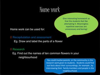 Home work
Home work can be used for:
0 Recapitulation and assessment
Eg. Draw and label the parts of a flower
0 Research
Eg. Find out the names of ten common flowers in your
neighbourhood
Give interesting homework so
that the students feel like
attempting it. Meaningless
repetitive exercises are
unnecessary and boring!
You could involve parents or the community in the
research work given to students. Students could find
out facts about their surroundings, for example , by
interviewing their family members and people in the
neighbourhood.
 