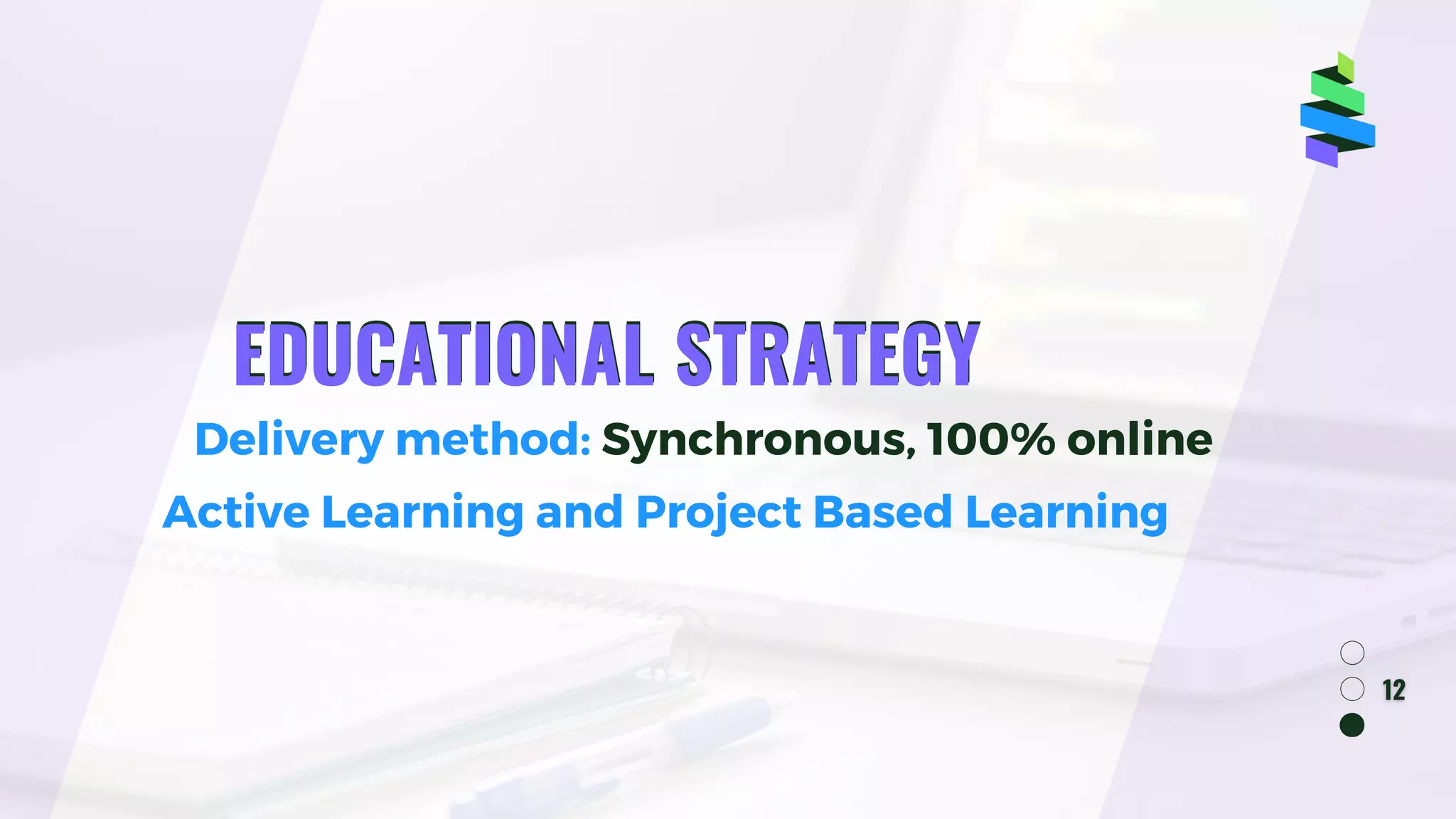 EDUCATIONAL STRATEGY
EDUCATIONAL STRATEGY
Delivery method: Synchronous, 100% online
Active Learning and Project Based Learning
 