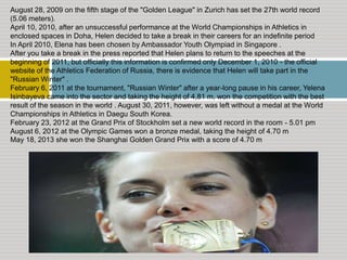 August 28, 2009 on the fifth stage of the "Golden League" in Zurich has set the 27th world record
(5.06 meters).
April 10, 2010, after an unsuccessful performance at the World Championships in Athletics in
enclosed spaces in Doha, Helen decided to take a break in their careers for an indefinite period
In April 2010, Elena has been chosen by Ambassador Youth Olympiad in Singapore .
After you take a break in the press reported that Helen plans to return to the speeches at the
beginning of 2011, but officially this information is confirmed only December 1, 2010 - the official
website of the Athletics Federation of Russia, there is evidence that Helen will take part in the
"Russian Winter" .
February 6, 2011 at the tournament, "Russian Winter" after a year-long pause in his career, Yelena
Isinbayeva came into the sector and taking the height of 4,81 m, won the competition with the best
result of the season in the world . August 30, 2011, however, was left without a medal at the World
Championships in Athletics in Daegu South Korea.
February 23, 2012 at the Grand Prix of Stockholm set a new world record in the room - 5.01 pm
August 6, 2012 at the Olympic Games won a bronze medal, taking the height of 4.70 m
May 18, 2013 she won the Shanghai Golden Grand Prix with a score of 4.70 m

 