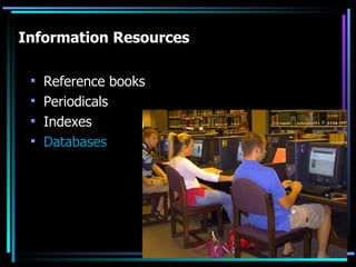 Information Resources Reference books Periodicals Indexes Databases 
