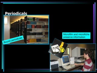 Periodicals  Bound   periodicals Microfilm and microfiche preserve information 