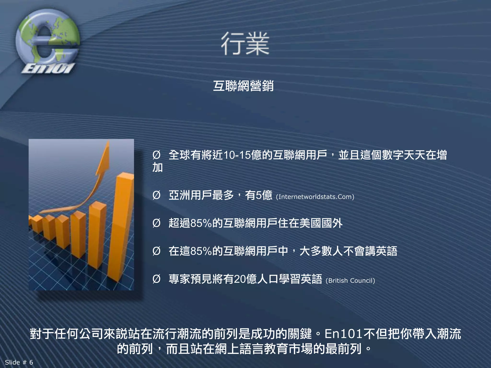 Ø         10-15


            Ø                 5   (Internetworldstats.Com)



            Ø   85%

            Ø   85%

            Ø          20                        (British Council)




                                                En101

Slide # 6
 