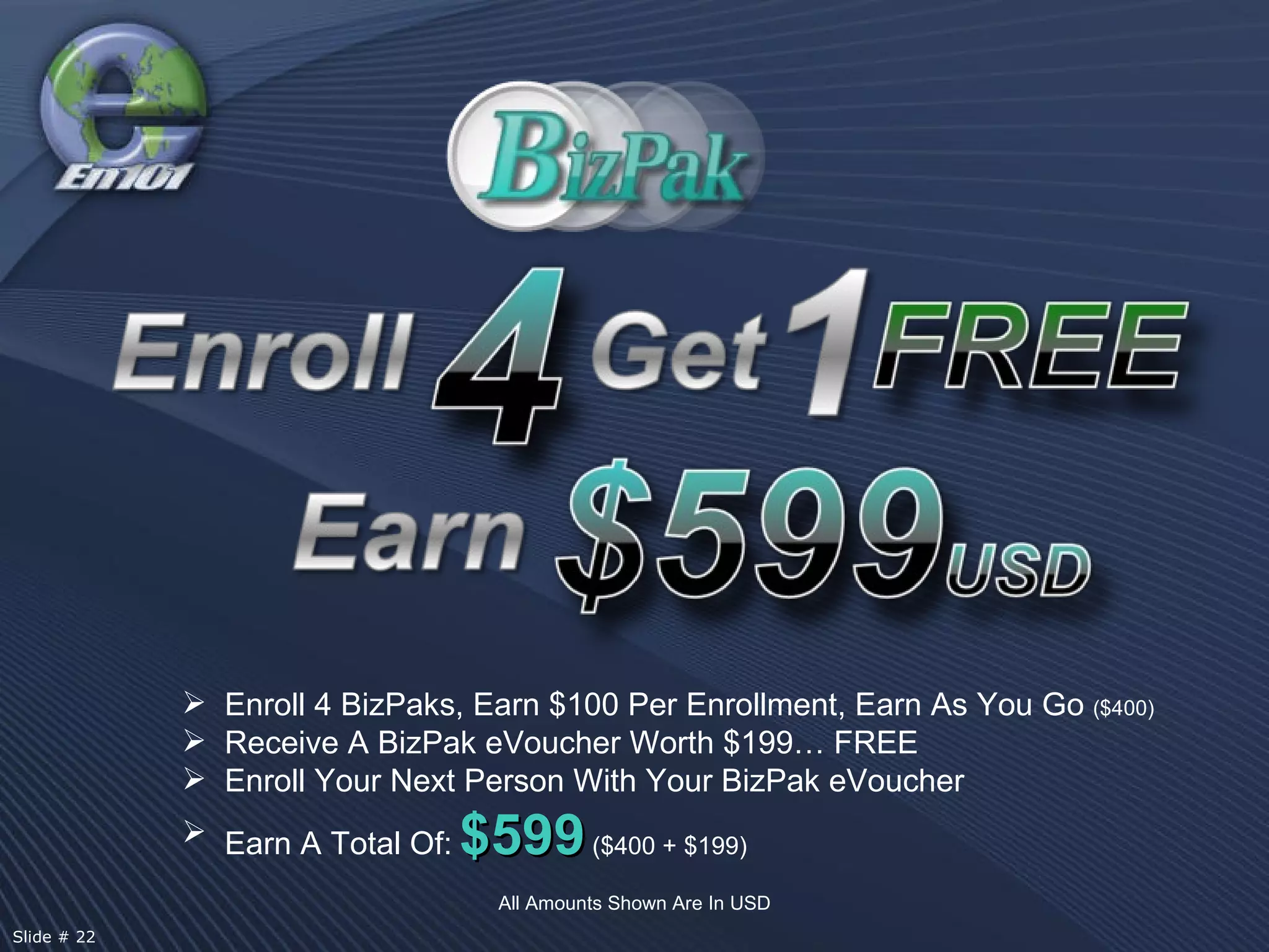 All Amounts Shown Are In USD Enroll 4 BizPaks, Earn $100 Per Enrollment, Earn As You Go  ($400) Receive A BizPak eVoucher Worth $199… FREE Enroll Your Next Person With Your BizPak eVoucher Earn A Total Of:   $599   ($400 + $199) Slide # 22  