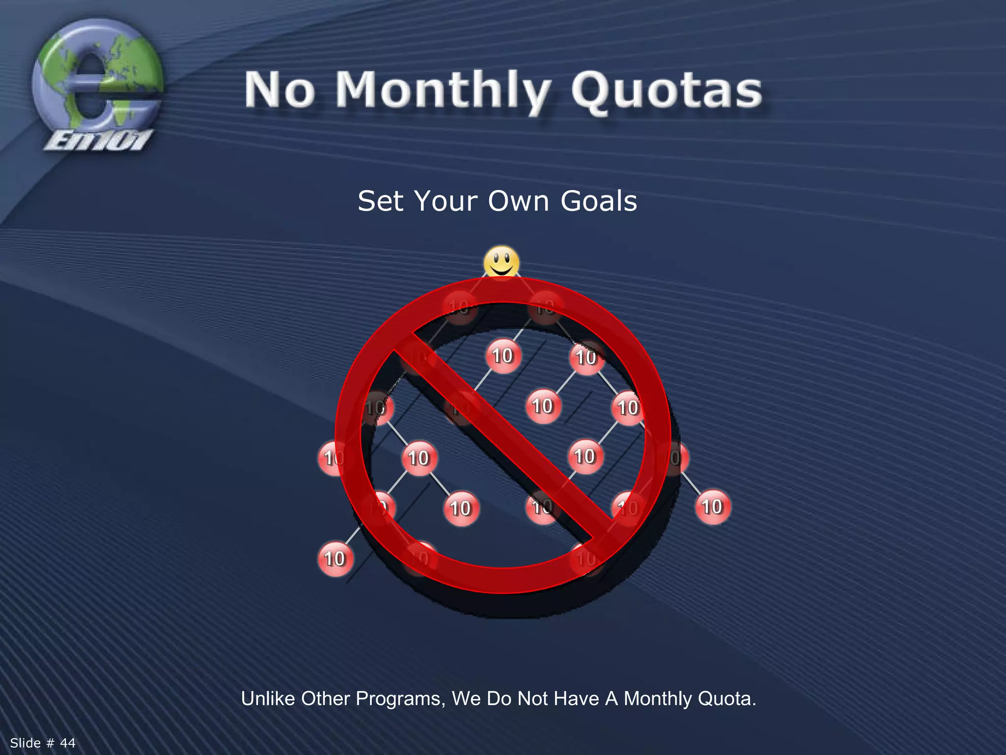 Set Your Own Goals Unlike Other Programs, We Do Not Have A Monthly Quota. Slide # 44  