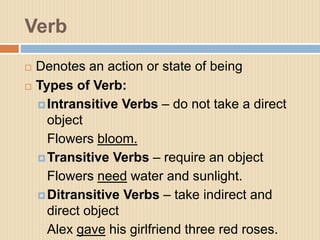 Verb
 Denotes an action or state of being
 Types of Verb:
Intransitive Verbs – do not take a direct
object
Flowers bloo...