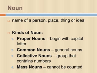 Noun
 name of a person, place, thing or idea
 Kinds of Noun:
1. Proper Nouns – begin with capital
letter
2. Common Nouns...
