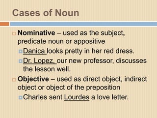 Cases of Noun
 Nominative – used as the subject,
predicate noun or appositive
Danica looks pretty in her red dress.
Dr....