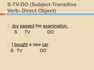 S-TV-DO (Subject-Transitive
Verb- Direct Object)
 Joy passed the examination.
S TV DO
 I bought a new car.
S TV DO
 