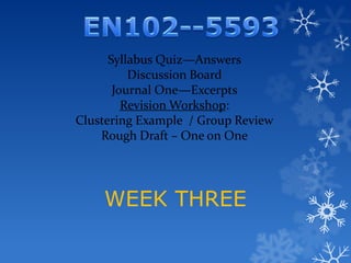 Syllabus Quiz—Answers
          Discussion Board
       Journal One—Excerpts
         Revision Workshop:
Clustering Example / Group Review
    Rough Draft – One on One




    WEEK THREE
 
