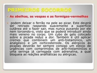 PRIMEIROS SOCORROS
 As abelhas, as vespas e as formigas-vermelhas
 podem deixar o ferrão na pele ao picar. Este deverá
ser retirado raspando suavemente a superfície
cutânea até o fazer sair, mas nunca puxando por ele
nem torcendo-o, visto que se poderá introduzir ainda
mais veneno no corpo. Um cubo de gelo colocado
sobre a picada reduz a dor. Também é útil aplicar
cremes que combinem um anti-histamínico, um
analgésico e um corticosteroide. Os alérgicos às
picadas deverão ter sempre consigo um estojo de
urgências com comprimidos de anti-histamínicos e
uma seringa já carregada com adrenalina, a qual
bloqueia as reações anafiláticas ou alérgicas.
 