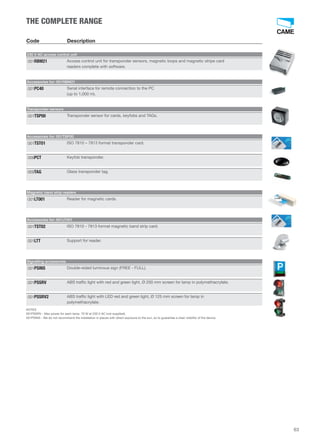 THE COMPLETE RANGE 
Code Description 
230 V AC access control unit 
Access control unit for transponder sensors, magnetic loops and magnetic stripe card 
readers complete with software. 
001RBM21 
Accessories for: 001RBM21 
Serial interface for remote connection to the PC 
(up to 1,000 m). 
001PC40 
Transponder sensors 
001TSP00 Transponder sensor for cards, keyfobs and TAGs. 
Accessories for: 001TSP00 
001TST01 ISO 7810 – 7813 format transponder card. 
009PCT Keyfob transponder. 
009TAG Glass transponder tag. 
Magnetic band strip readers 
001LT001 Reader for magnetic cards. 
Accessories for: 001LT001 
001TST02 ISO 7810 - 7813 format magnetic band strip card. 
001LTT Support for reader. 
Signalling accessories 
001PSINS Double-sided luminous sign (FREE - FULL). 
001PSSRV ABS traffic light with red and green light, Ø 200 mm screen for lamp in polymethacrylate. 
ABS traffic light with LED red and green light, Ø 125 mm screen for lamp in 
polymethacrylate. 
001PSSRV2 
NOTES 
001PSSRV - Max power for each lamp: 70 W at 230 V AC (not supplied). 
001PSINS - We do not recommend the installation in places with direct exposure to the sun, so to guarantee a clear visibility of the device. 
63 
 