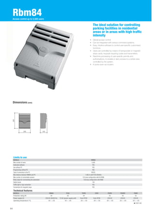 Rbm84 
• Global access control. 
• Can be integrated with various command systems. 
• Easy, intuitive software to control user-specific customised 
functions. 
• Users are controlled by means of transponder or magnetic 
stripe cards, keypads requiring codes and transmitters. 
• Real time processing of user-specific permits and 
authorisations, to enable or deny access to a certain area 
controlled by the system. 
• It works even via modem. 
Dimensions (mm) 
The ideal solution for controlling 
parking facilities in residential 
areas or in areas with high traffic 
intensity 
Access control up to 5,500 users 
240 145 
320 
Technical features 
MODELS RBM84 PC30 TSP00 LT001 PSSRV PSSRV2 PSINS 
Protection rating (IP) 54 20 54 - 55 55 55 
Power supply (V) 230 AC (50/60 Hz) 12 AC (power supply unit) from R700 from R700 230 AC 230 AC 230 AC 
Operating temperature (°C) -20 ÷ +55 -20 ÷ +55 -20 ÷ +55 -20 ÷ +55 -20 ÷ +55 -20 ÷ +55 -20 ÷ +55 
230 V AC 
Limits to use 
MODELS RBM84 
Max number of users 5,500 
Dedicated software YES 
Use without PC YES 
Programming without PC YES 
Type of connection to the PC RS232 
Max distance between RBM84 and PC 1.000 m with PC30 (RS485) 
Max number of connectable sensors 124 (max configuration with 60 REM) 
Relay output for commanding the automation 128 (max configuration with REM) 
Digital inputs 128 
Traffic light or sign connection YES 
Connections for magnetic loops YES 
64 
 