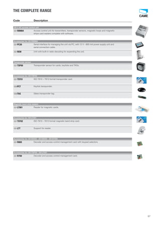 THE COMPLETE RANGE 
Code Description 
230 V AC access control unit 
Access control unit for transmitters, transponder sensors, magnetic loops and magnetic 
stripe card readers complete with software. 
001RBM84 
Accessories for: 001RBM84 
Serial interface for managing the unit via PC, with 12 V - 800 mA power supply unit and 
serial connection cable. 
001PC30 
001REM Unit with built-in radio decoding for expanding the unit. 
Transponder sensor 
001TSP00 Transponder sensor for cards, keyfobs and TAGs. 
Accessories for: 001TSP00 
001TST01 ISO 7810 – 7813 format transponder card. 
009PCT Keyfob transponder. 
009TAG Glass transponder tag. 
Magnetic band strip readers 
001LT001 Reader for magnetic cards. 
Accessories for: 001LT001 
001TST02 ISO 7810 - 7813 format magnetic band strip card. 
001LTT Support for reader. 
Accessories for: 001S5000 - 001S6000 - 001S7000 
001R800 Decoder and access control management card with keypad selectors. 
Accessories for: 001TSP00 - 001LT001 
001R700 Decoder and access control management card. 
67 
 