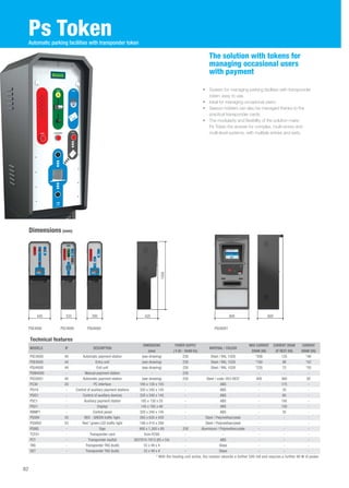 Ps Token 
• System for managing parking facilities with transponder 
token, easy to use. 
• Ideal for managing occasional users. 
• Season holders can also be managed thanks to the 
practical transponder cards. 
• The modularity and flexibility of the solution make 
Ps Token the answer for complex, multi-storey and 
multi-level systems, with multiple entries and exits. 
Dimensions (mm) 
The solution with tokens for 
managing occasional users 
with payment 
Automatic parking facilities with transponder token 
1500 
335 425 800 600 
82 
295 
PSC4000 PSU4000 
445 
PSE4000 PSC6001 
Technical features 
DIMENSIONS 
MODELS IP DESCRIPTION 
(mm) 
POWER SUPPLY 
( V AC - 50/60 Hz) 
MATERIAL / COLOUR 
MAX CURRENT 
DRAW (VA) 
CURRENT DRAW 
AT REST (VA) 
CURRENT 
DRAW (VA) 
PSC4000 40 Automatic payment station (see drawing) 230 Steel / RAL 1028 *200 125 *46 
PSE4000 44 Entry unit (see drawing) 230 Steel / RAL 1028 *180 98 *42 
PSU4000 44 Exit unit (see drawing) 230 Steel / RAL 1028 *235 72 *55 
PSM4000 - Manual payment station - 230 - - - - 
PSC6001 40 Automatic payment station (see drawing) 230 Steel / code: 053 0837 400 360 92 
PC30 20 PC interface 185 x 130 x 155 - ABS - 175 - 
PSI16 - Control of auxiliary payment stations 320 x 240 x 145 - ABS - 35 - 
PSIO1 - Control of auxiliary devices 320 x 240 x 145 - ABS - 60 - 
PSC1 - Auxiliary payment station 185 x 130 x 55 - ABS - 195 - 
PSD1 - Display 145 x 185 x 40 - ABS - 150 - 
RBMP1 - Control panel 320 x 240 x 145 - ABS - 35 - 
PSSRV 55 RED - GREEN traffic light. 265 x 635 x 430 - Steel / Polymethacrylate - - - 
PSSRV2 55 Red / green LED traffic light 180 x 410 x 290 - Steel / Polymethacrylate - - - 
PSINS - Sign 900 x 1,300 x 80 230 Aluminium / Polymethacrylate - - - 
TST01 - Transponder card from R700 - - - - - 
PCT - Transponder keyfob ISO7810-7813 (85 x 54) - ABS - - - 
TAG - Transponder TAG (bulb) 33 x 49 x 4 - Glass - - - 
GET - Transponder TAG (bulb) 33 x 49 x 4 - Glass - - - 
* With the heating unit active, the resistor absorbs a further 500 mA and requires a further 90 W of power 
 