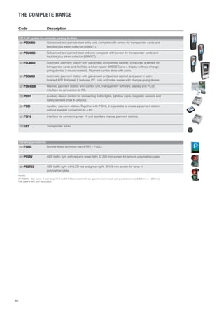 86 
THE COMPLETE RANGE 
Code Description 
230 V AC system for automatic parking facilities 
Galvanised and painted steel entry unit, complete with sensor for transponder cards and 
keyfobs plus token collector (009GET). 
001PSE4000 
Galvanised and painted steel exit unit, complete with sensor for transponder cards and 
keyfobs plus token collector (009GET). 
001PSU4000 
Automatic payment station with galvanised and painted cabinet. It features: a sensor for 
transponder cards and keyfobs, a token reader (009GET) and a display (without change-giving 
device, it issues receipts). Payment can be done with coins. 
001PSC4000 
Automatic payment station with galvanised and painted cabinet and panel in satin-finished 
AISI 304 steel. It features: PC, coin and notes reader with change-giving device. 
001PSC6001 
Manned payment station with control unit, management software, display and PC30 
interface for connection to PC. 
001PSM4000 
Auxiliary device control for connecting traffic lights, lightbox signs, magnetic sensors and 
safety sensors (max 8 outputs). 
002PSIO1 
Auxiliary payment station. Together with PSI16, it is possible to create a payment station 
without a stable connection to a PC. 
001PSC1 
001PSI16 Interface for connecting max 16 unit (auxiliary manual payment station). 
009GET Transponder token. 
Signalling accessories 
001PSINS Double-sided luminous sign (FREE - FULL). 
001PSSRV ABS traffic light with red and green light, Ø 200 mm screen for lamp in polymethacrylate. 
ABS traffic light with LED red and green light, Ø 125 mm screen for lamp in 
polymethacrylate. 
001PSSRV2 
NOTES 
001PSSRV - Max power of each lamp 70 W at 230 V AC, complete with rain guard for each module (rain guard dimensions Ø 220 mm L = 200 mm) 
THE LAMPS ARE NOT INCLUDED. 
 