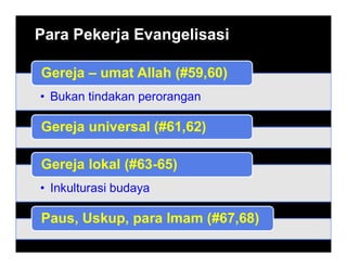 • Bukan tindakan perorangan
Gereja – umat Allah (#59,60)
Gereja universal (#61,62)
• Inkulturasi budaya
Gereja lokal (#63-65)
Paus, Uskup, para Imam (#67,68)
Para Pekerja Evangelisasi
 