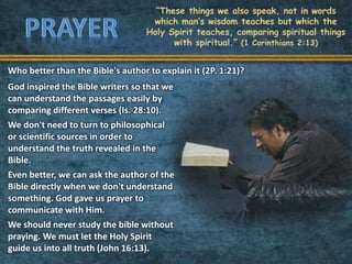 “These things we also speak, not in words
which man’s wisdom teaches but which the
Holy Spirit teaches, comparing spiritual things
with spiritual.” (1 Corinthians 2:13)
God inspired the Bible writers so that we
can understand the passages easily by
comparing different verses (Is. 28:10).
We don't need to turn to philosophical
or scientific sources in order to
understand the truth revealed in the
Bible.
Even better, we can ask the author of the
Bible directly when we don't understand
something. God gave us prayer to
communicate with Him.
We should never study the bible without
praying. We must let the Holy Spirit
guide us into all truth (John 16:13).
Who better than the Bible's author to explain it (2P. 1:21)?
 