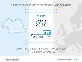 AND STRENGTHENS THE COOPERATION BETWEEN
(INTER)REGIONAL PLAYERS.
THE PROJECT ADDRESSES ENTREPRENEURS AND SCIENTISTS
IV_2017
ENGINEERING 2050 IV_201712
 