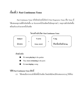 เรื่องที่ 3 Past Continuous Tense
Past Continuous Tense หรื ออีกอย่างหนึ่งเรี ยกว่า Past Progressive Tense เป็ น Tense ที่
ใช้แสดงเหตุการณ์ที่กาลังเกิดขึ้น ณ ช่วงเวลาหนึ่งในอดีตหรื อมีเหตุการณ์ 2 เหตุการณ์กาลังเกิดขึ้น
พร้อมกัน ณ ช่วงเวลาหนึ่งในอดีต
โครงสร้ างประโยค Past Continuous Tense
Subject
ประธาน

V.to be
+

(was, were)

V.ing
+

กิริยาทีลงท้ ายด้ วย ing
่

ตัวอย่ างเช่ น
 We were playing in the garden.
 They were swimming in the pool.
 He was singing a song.
วิธีใช้ Past Continuous Tense มีดังนี้
(1) ใช้แสดงถึงการกระทาที่เกิดขึ้นในอดีต (โดยปกติมกจะมีคาแสดงเวลาระบุ ให้เห็น)
ั

 